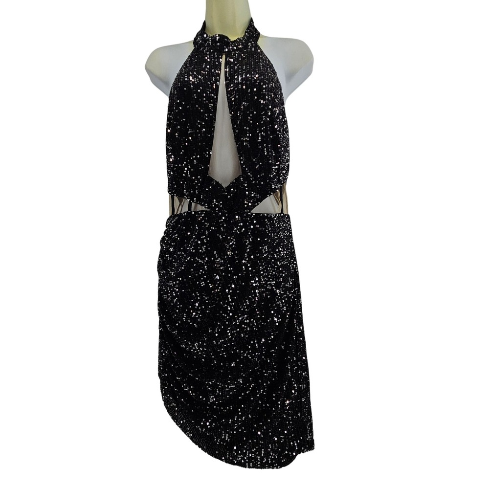 Sparkle Black Sequin Showgirl Halter Mini Dress XL Glam Holiday Party Mardi Gras